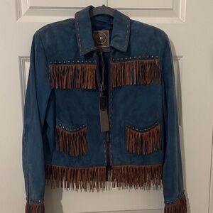 Double D Ranch blue leather brown fringe jacket studded front zip RTL $995 M NWT